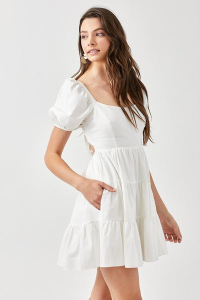 Puff Sleeve Back Tie Tiered Dress