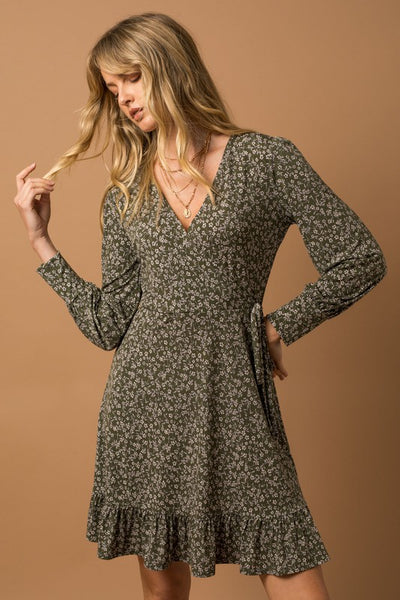 Long Sleeve Faux Wrap Ruffle Hem Dress