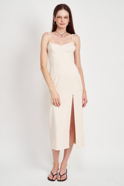 SPAGHETTI STRAP MIDI DRESS WITH SLIT